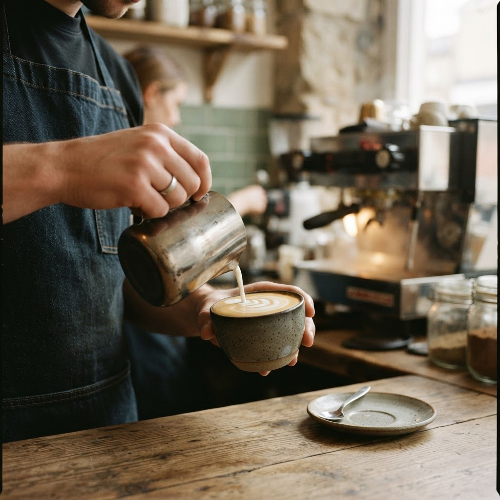 Barista pouring latte art into a flat white