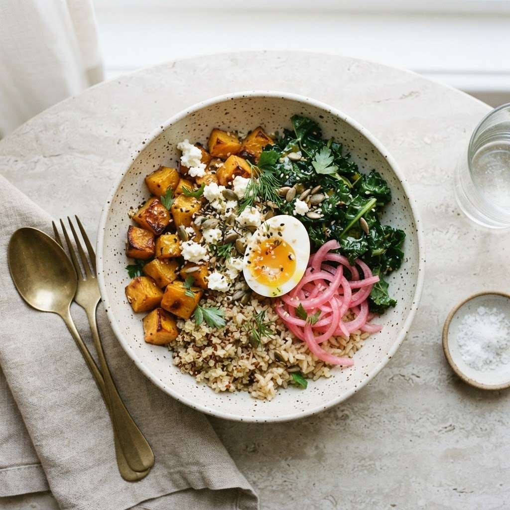 Grain bowl with roasted kūmara, kale, pickled onion and a soft egg