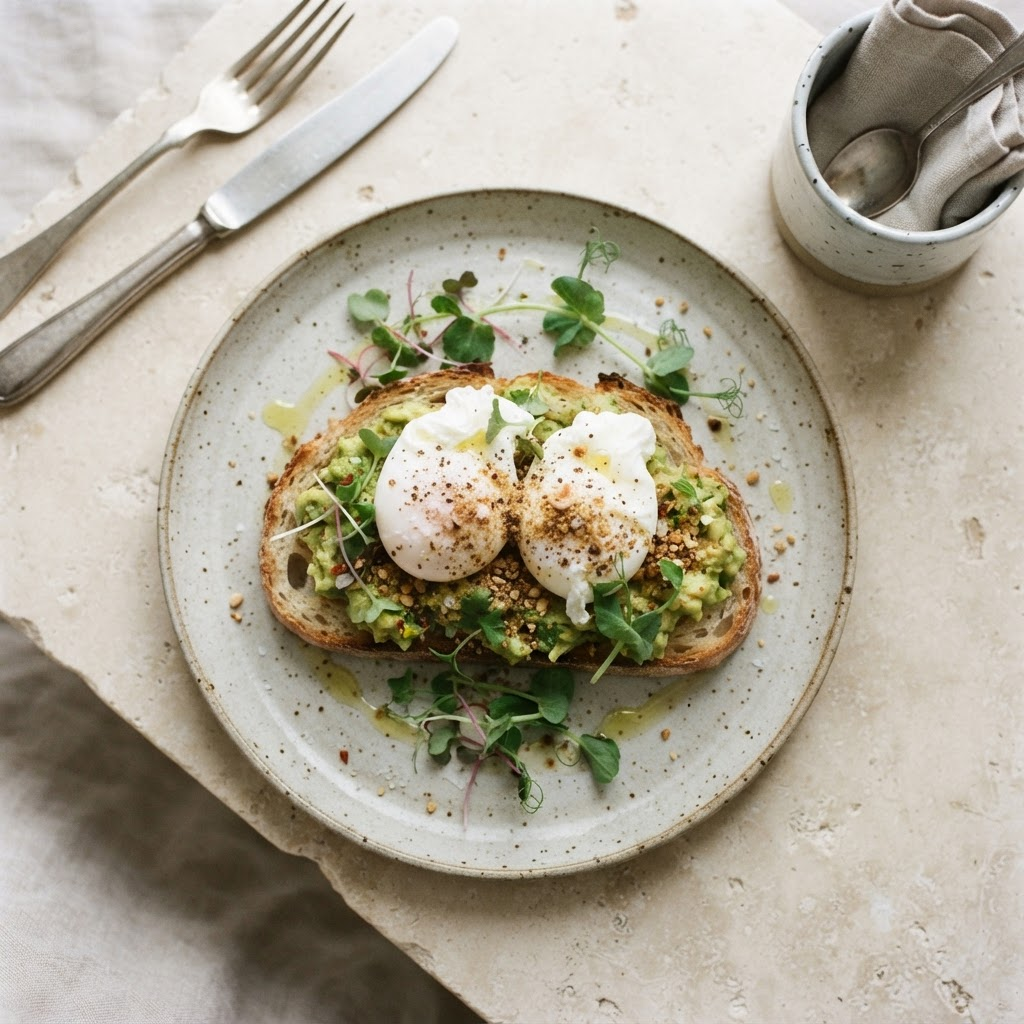 Smashed avocado on sourdough topped with poached eggs and microgreens