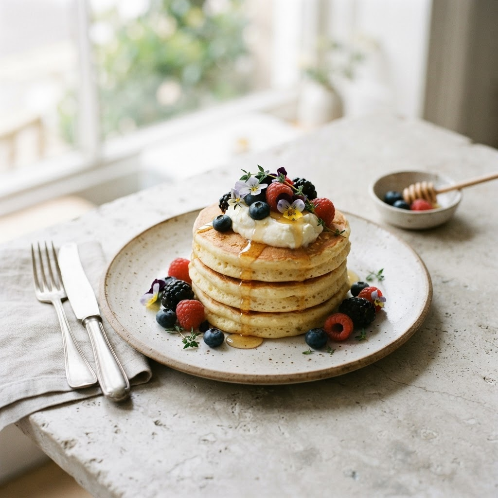 Stack of ricotta hotcakes with fresh berries and honey