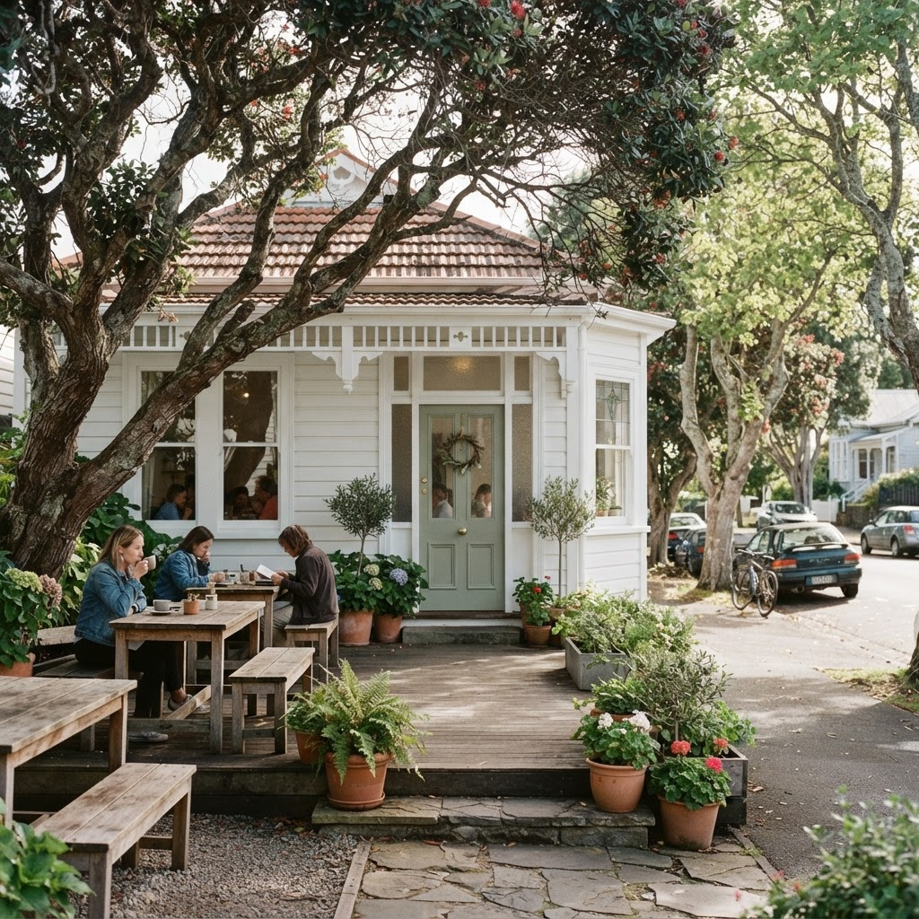The Auckland Cafe villa storefront with outdoor bench seating